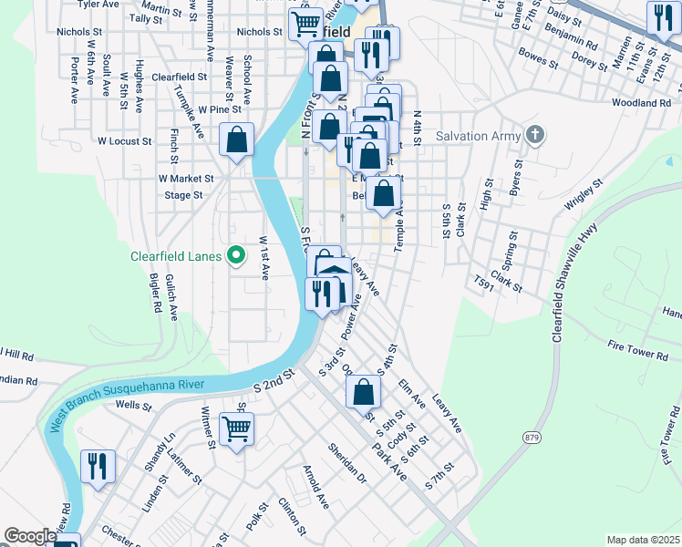 map of restaurants, bars, coffee shops, grocery stores, and more near 218 South 2nd Street in Clearfield