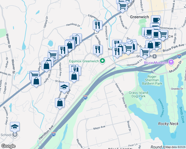 map of restaurants, bars, coffee shops, grocery stores, and more near 54a Spring Street in Greenwich