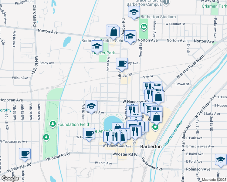 map of restaurants, bars, coffee shops, grocery stores, and more near 571 Holmes Avenue in Barberton