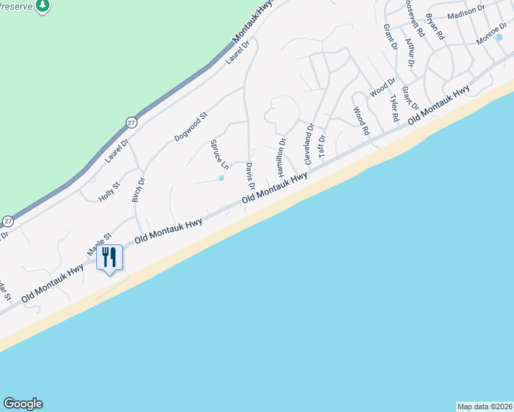 map of restaurants, bars, coffee shops, grocery stores, and more near 396 Old Montauk Highway in Montauk