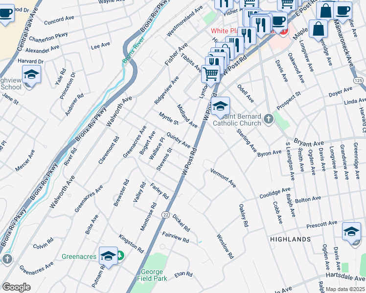 map of restaurants, bars, coffee shops, grocery stores, and more near 15 Quinby Avenue in White Plains
