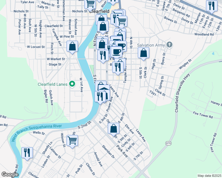 map of restaurants, bars, coffee shops, grocery stores, and more near 212 S 2nd St in Clearfield
