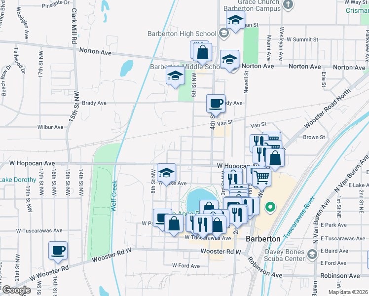 map of restaurants, bars, coffee shops, grocery stores, and more near 311 6th Street Northwest in Barberton
