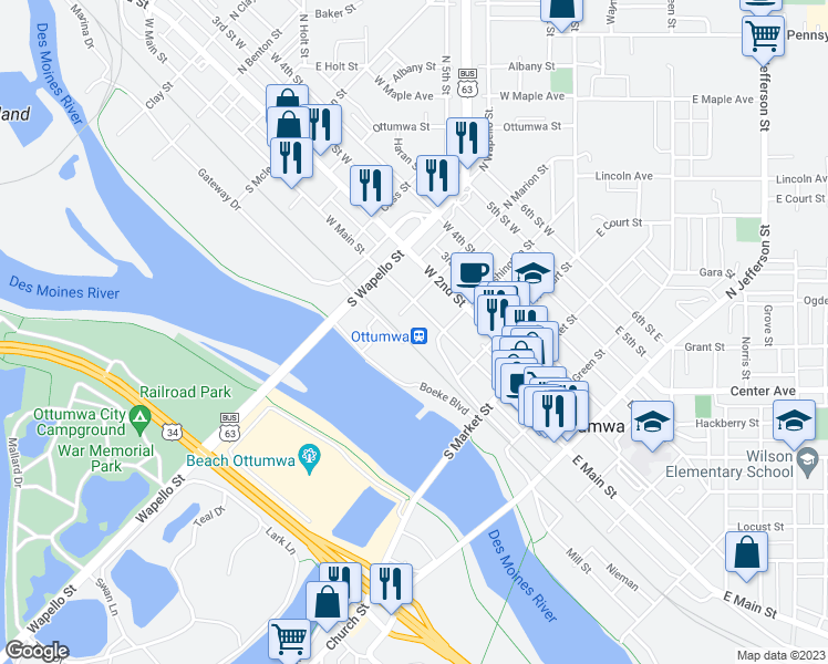 map of restaurants, bars, coffee shops, grocery stores, and more near 210 West Main Street in Ottumwa