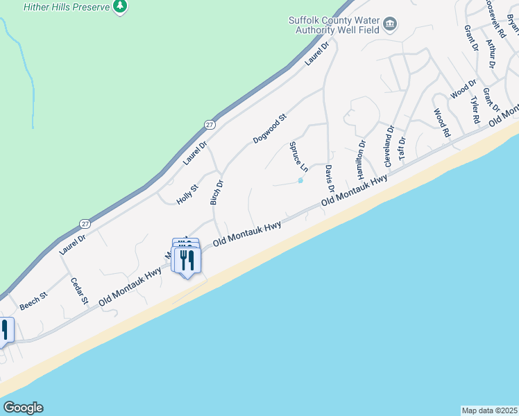 map of restaurants, bars, coffee shops, grocery stores, and more near 12 Tara Road in Montauk