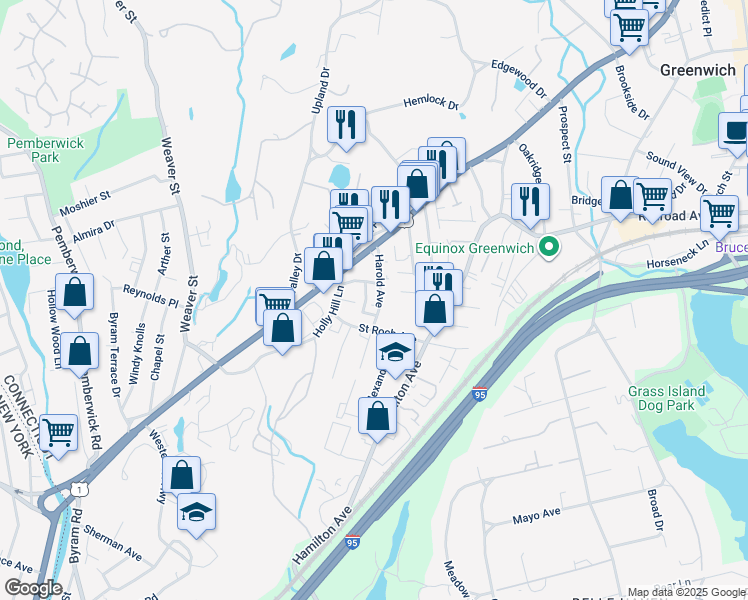 map of restaurants, bars, coffee shops, grocery stores, and more near 30 Fox Lane in Greenwich