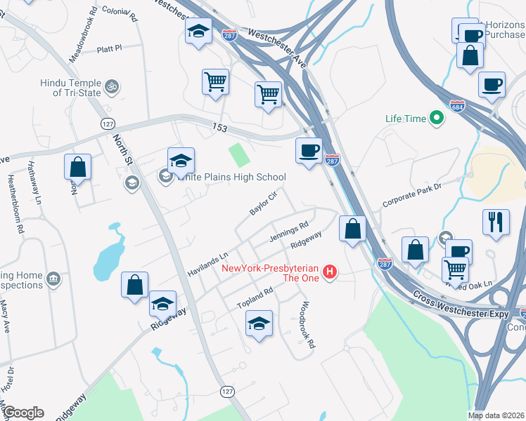 map of restaurants, bars, coffee shops, grocery stores, and more near 15 Baylor Circle in White Plains