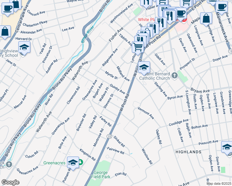 map of restaurants, bars, coffee shops, grocery stores, and more near 15 Stevens Street in White Plains