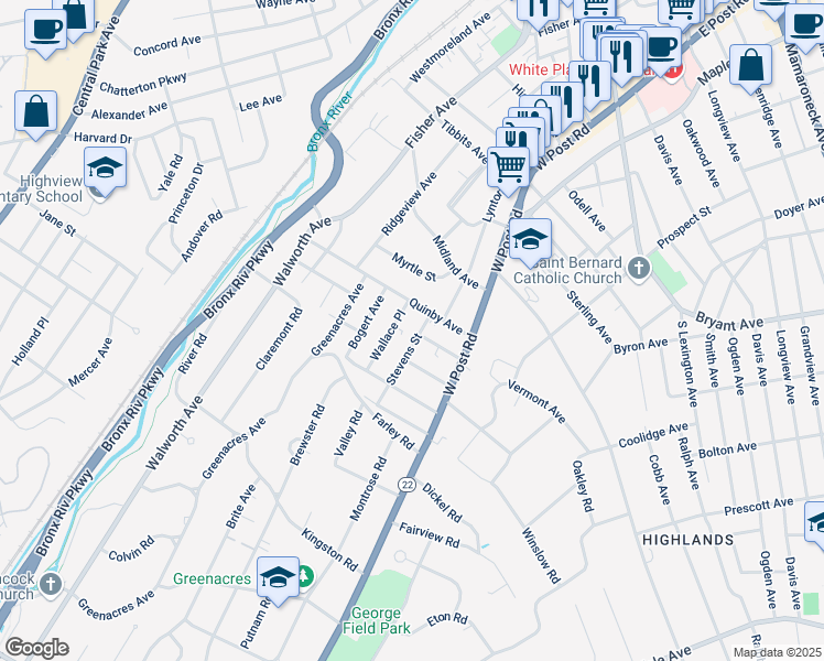 map of restaurants, bars, coffee shops, grocery stores, and more near 15 Stevens Street in White Plains