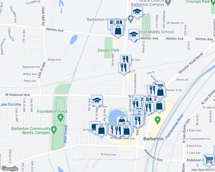map of restaurants, bars, coffee shops, grocery stores, and more near 311 6th Street Northwest in Barberton