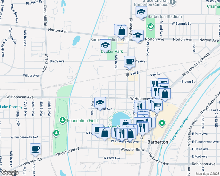 map of restaurants, bars, coffee shops, grocery stores, and more near 311 6th Street Northwest in Barberton