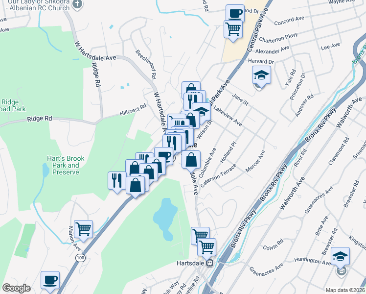 map of restaurants, bars, coffee shops, grocery stores, and more near in Hartsdale