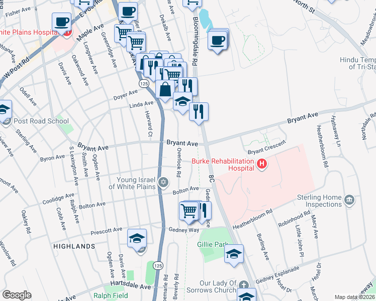 map of restaurants, bars, coffee shops, grocery stores, and more near 2 Overlook Road in White Plains
