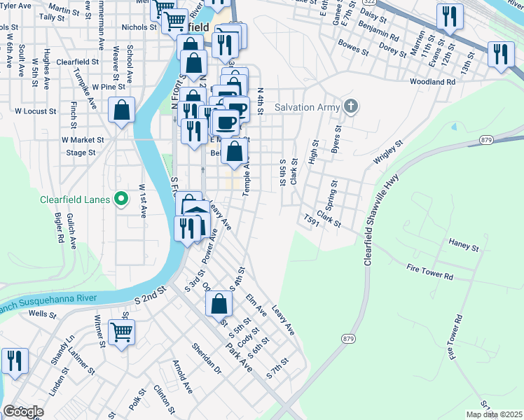 map of restaurants, bars, coffee shops, grocery stores, and more near 218 South 4th Street in Clearfield