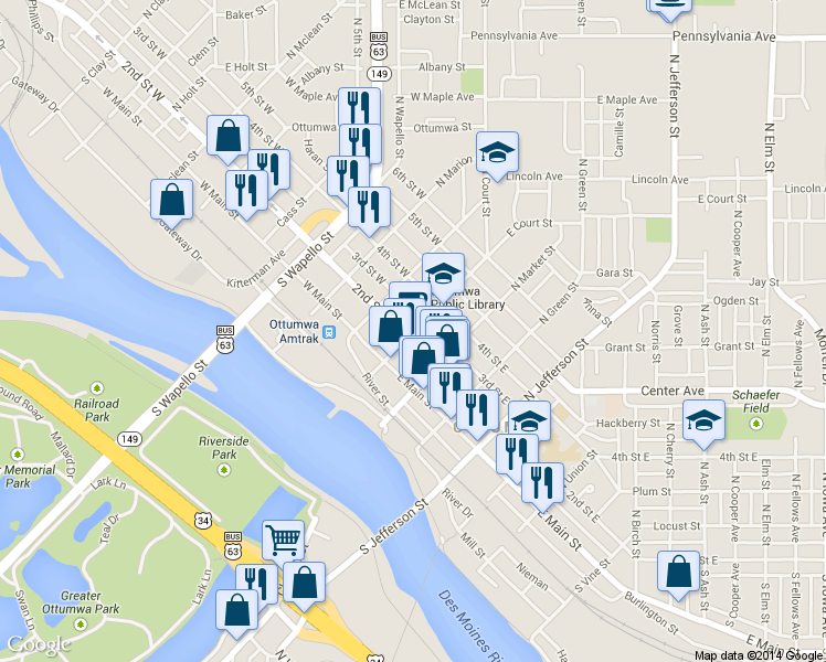map of restaurants, bars, coffee shops, grocery stores, and more near 129 North Court Street in Ottumwa