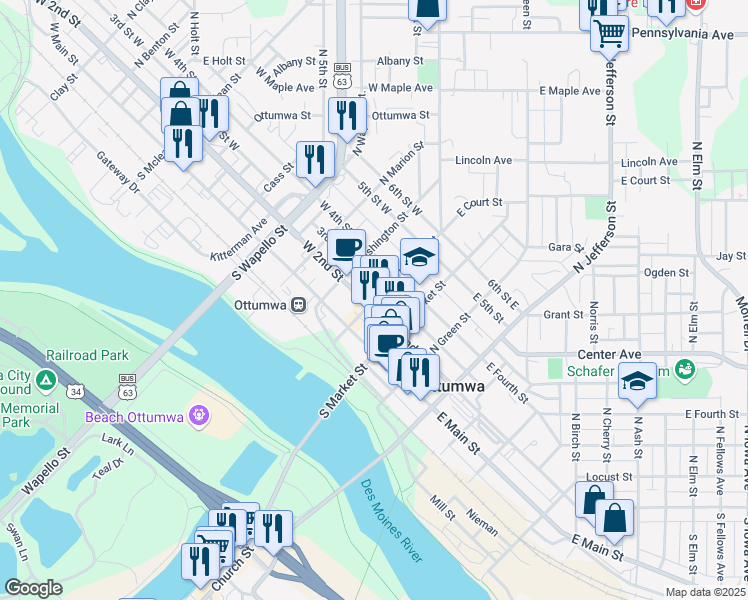 map of restaurants, bars, coffee shops, grocery stores, and more near 216 North Court Street in Ottumwa