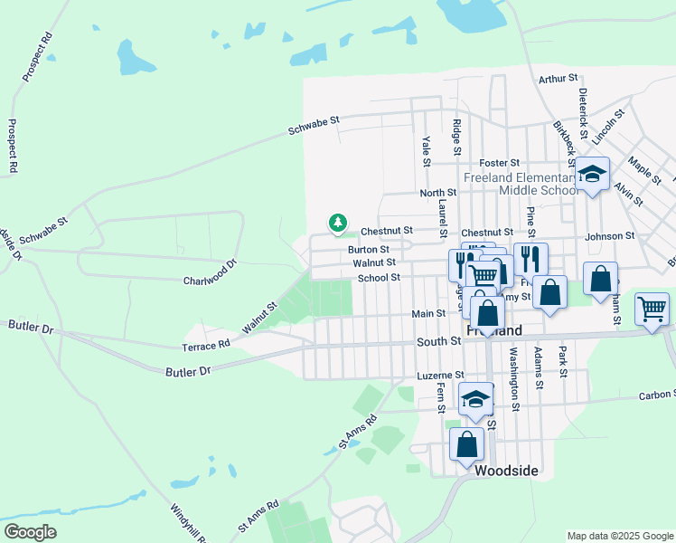 map of restaurants, bars, coffee shops, grocery stores, and more near 1232 Walnut St in Freeland