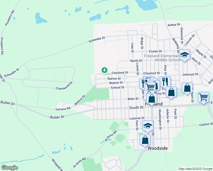 map of restaurants, bars, coffee shops, grocery stores, and more near 1232 Walnut St in Freeland