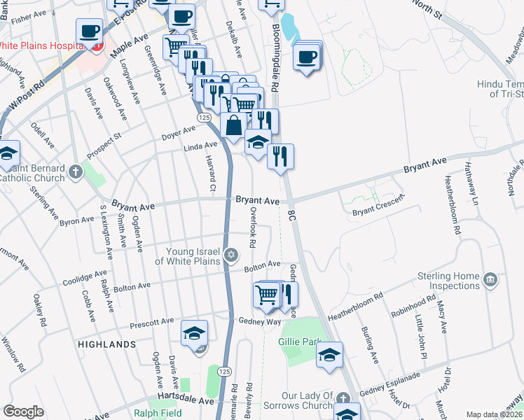 map of restaurants, bars, coffee shops, grocery stores, and more near 2 Overlook Road in White Plains
