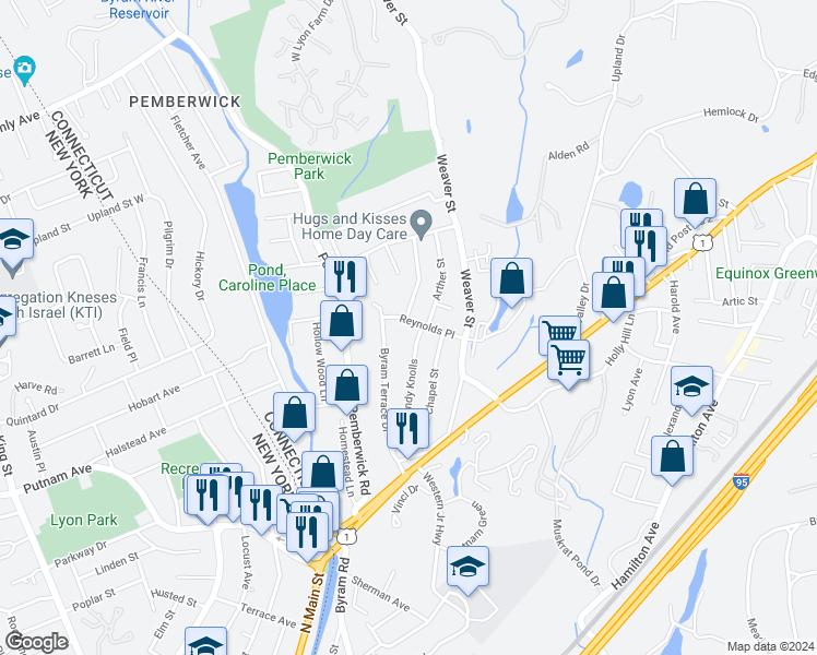 map of restaurants, bars, coffee shops, grocery stores, and more near 28 Reynolds Place in Greenwich