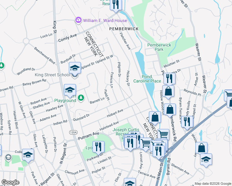 map of restaurants, bars, coffee shops, grocery stores, and more near 10 Francis Lane in Port Chester