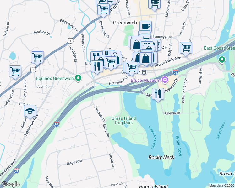 map of restaurants, bars, coffee shops, grocery stores, and more near 201 Shore Road in Greenwich