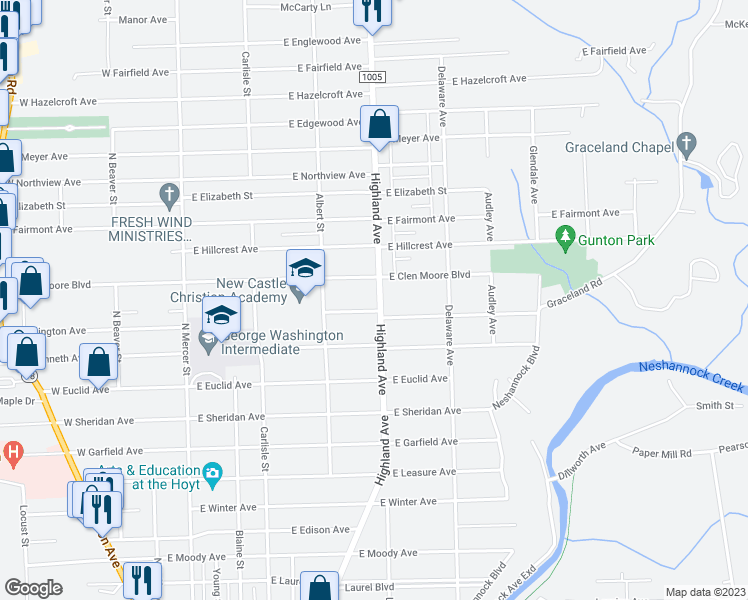 map of restaurants, bars, coffee shops, grocery stores, and more near 1705 Highland Avenue in New Castle