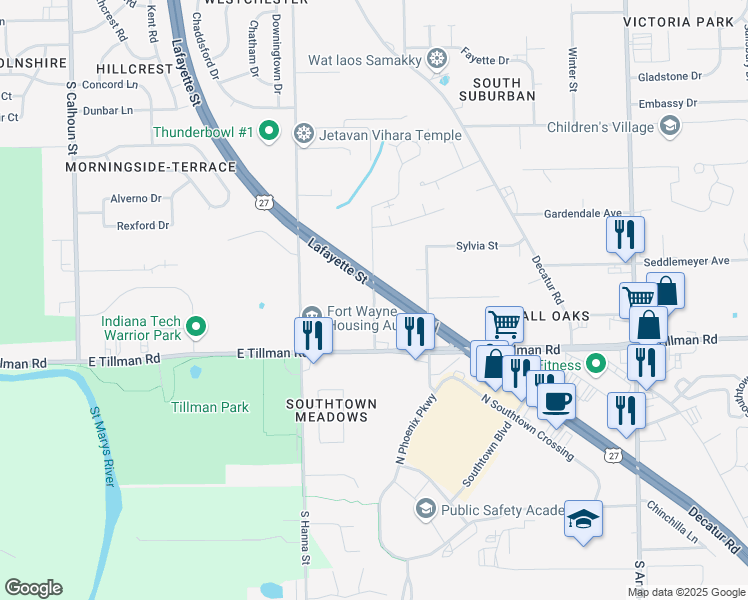 map of restaurants, bars, coffee shops, grocery stores, and more near 7240 John Street in Fort Wayne