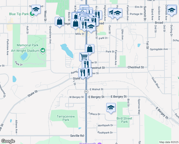 map of restaurants, bars, coffee shops, grocery stores, and more near 118 Water Street in Wadsworth