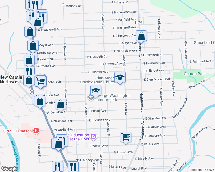 map of restaurants, bars, coffee shops, grocery stores, and more near 1706 Carlisle Street in New Castle