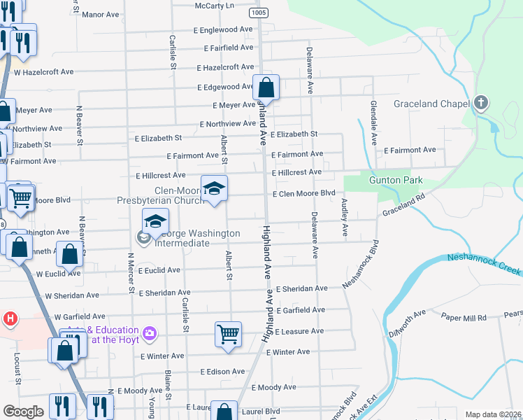 map of restaurants, bars, coffee shops, grocery stores, and more near 1707 Highland Avenue in New Castle