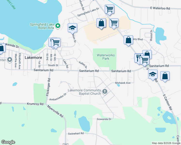 map of restaurants, bars, coffee shops, grocery stores, and more near 2726 Sanitarium Road in Akron