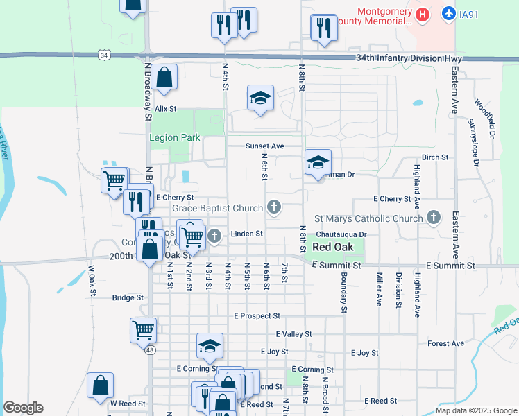 map of restaurants, bars, coffee shops, grocery stores, and more near 1603 North 6th Street in Red Oak
