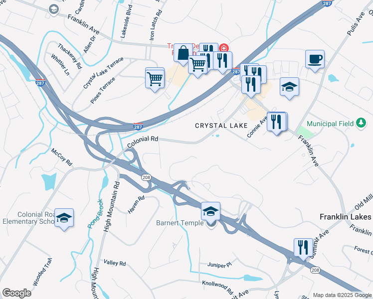 map of restaurants, bars, coffee shops, grocery stores, and more near 573 Colonial Road in Franklin Lakes