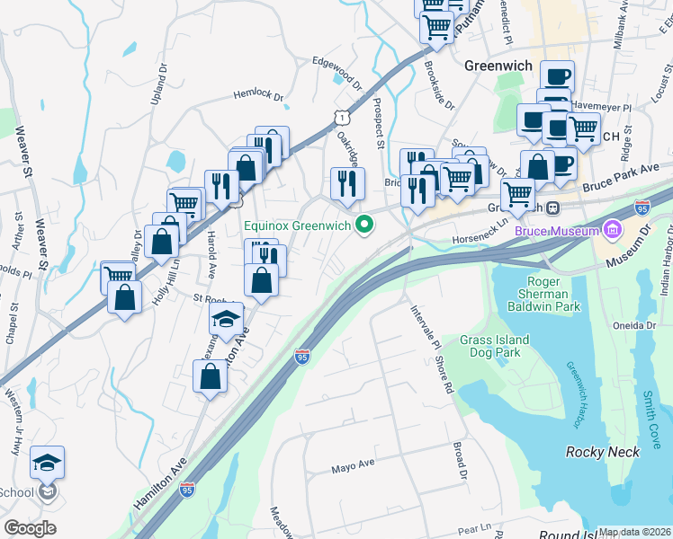 map of restaurants, bars, coffee shops, grocery stores, and more near 54a Spring Street in Greenwich