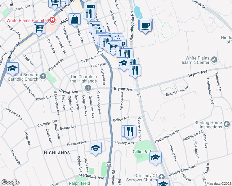 map of restaurants, bars, coffee shops, grocery stores, and more near in White Plains