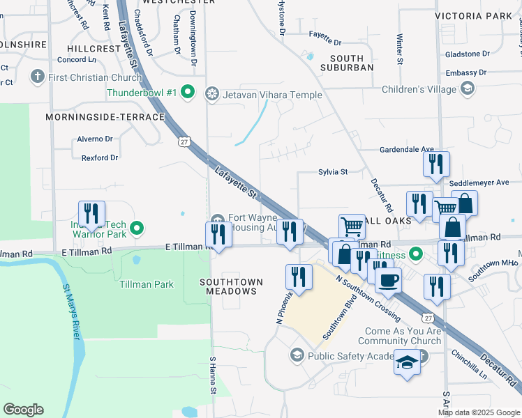 map of restaurants, bars, coffee shops, grocery stores, and more near 7200-7398 John St in Fort Wayne