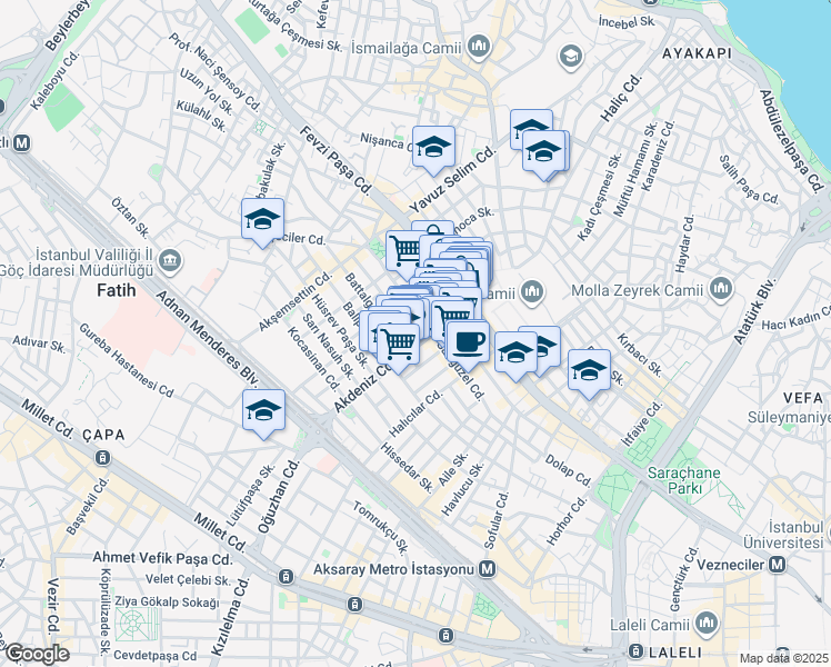map of restaurants, bars, coffee shops, grocery stores, and more near 12 Şemsettin Sami Sokak in Fatih