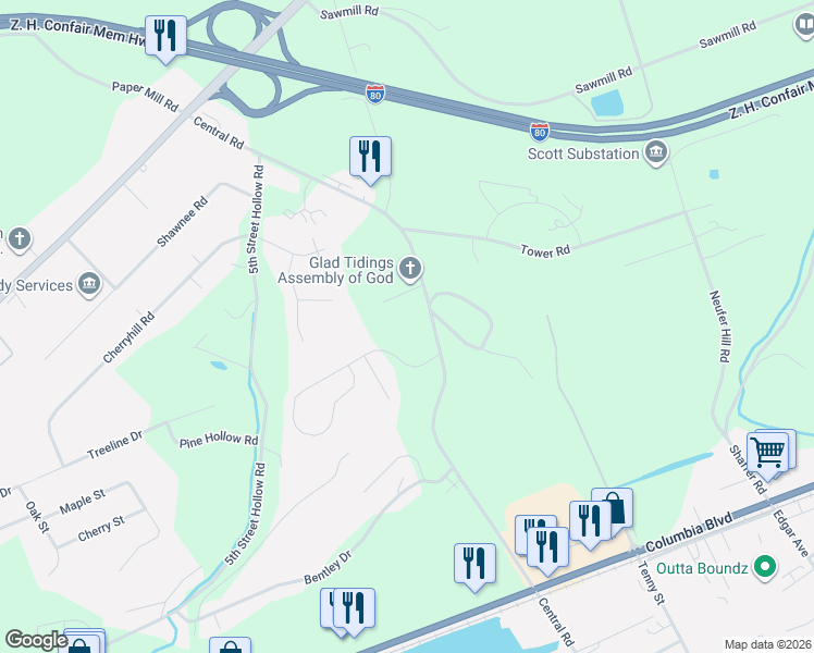 map of restaurants, bars, coffee shops, grocery stores, and more near 626 Central Road in Bloomsburg