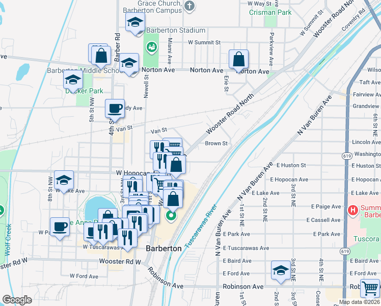 map of restaurants, bars, coffee shops, grocery stores, and more near 335 Wooster Road North in Barberton