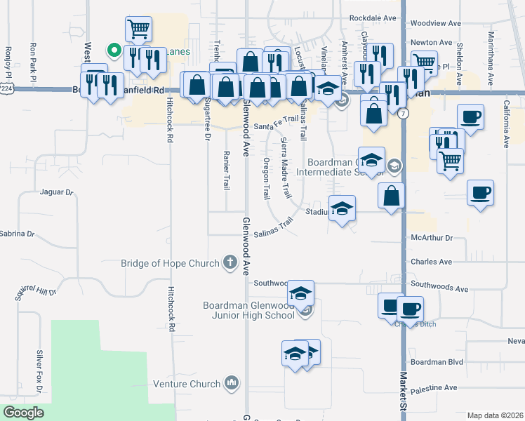 map of restaurants, bars, coffee shops, grocery stores, and more near 7470 Oregon Trail in Youngstown