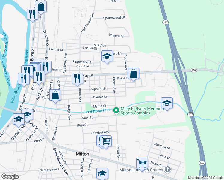 map of restaurants, bars, coffee shops, grocery stores, and more near 558 Hepburn Street in Milton