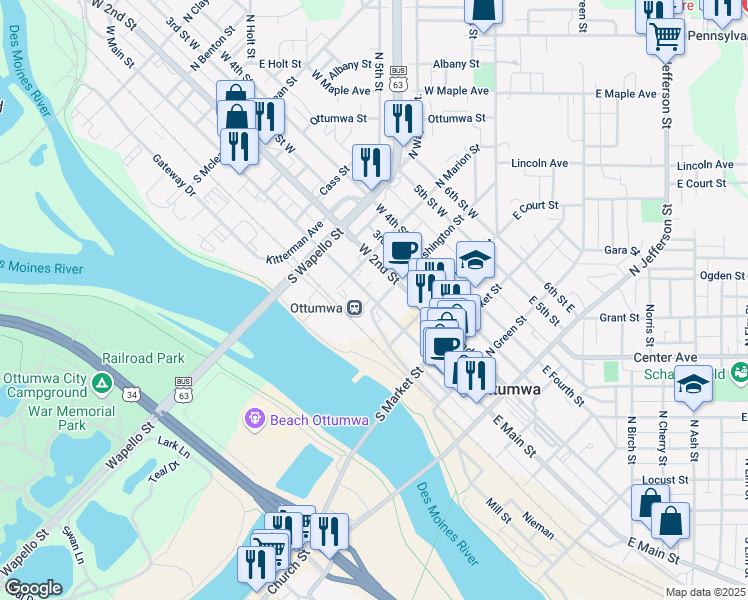 map of restaurants, bars, coffee shops, grocery stores, and more near 210 West Main Street in Ottumwa