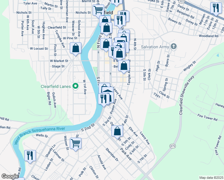 map of restaurants, bars, coffee shops, grocery stores, and more near 212 South 2nd Street in Clearfield
