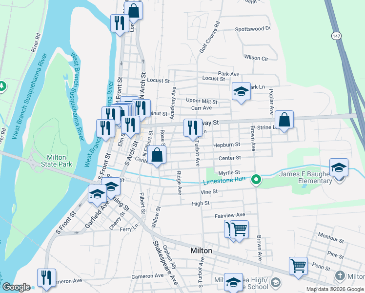 map of restaurants, bars, coffee shops, grocery stores, and more near 239 Hepburn Street in Milton