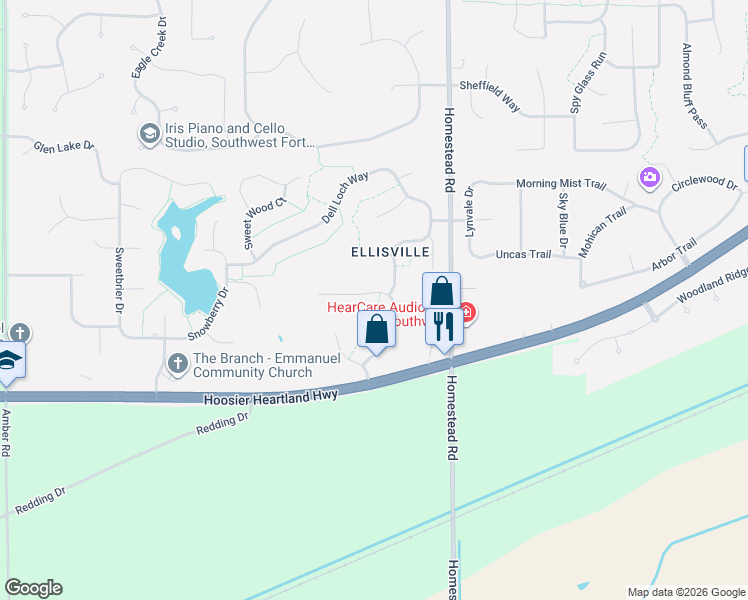 map of restaurants, bars, coffee shops, grocery stores, and more near 11117 Rolling Pine Run in Fort Wayne