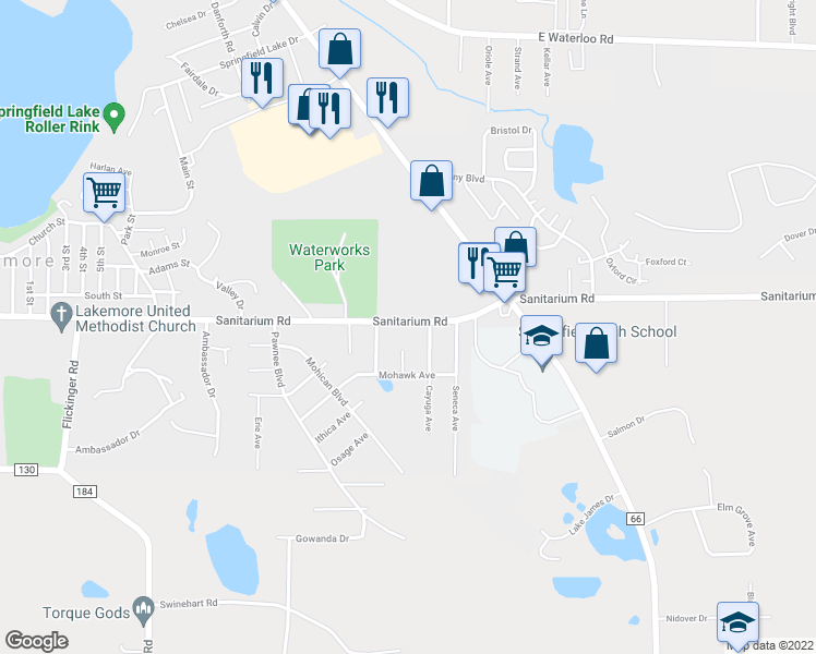 map of restaurants, bars, coffee shops, grocery stores, and more near 2892 Sanitarium Road in Akron