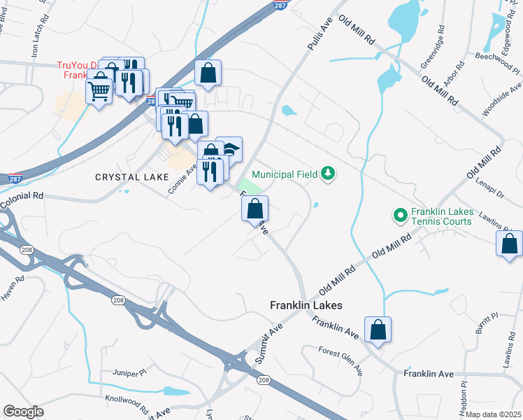 map of restaurants, bars, coffee shops, grocery stores, and more near 731 Franklin Avenue in Franklin Lakes