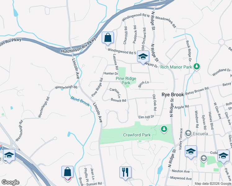 map of restaurants, bars, coffee shops, grocery stores, and more near 6 Carlton Lane in Rye Brook