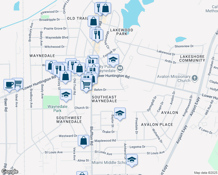 map of restaurants, bars, coffee shops, grocery stores, and more near 2216 Rehm Drive in Fort Wayne